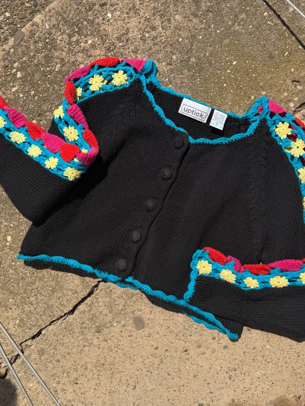 Uptick Black Cropped Cardigan with Multicolor Crochet Trim